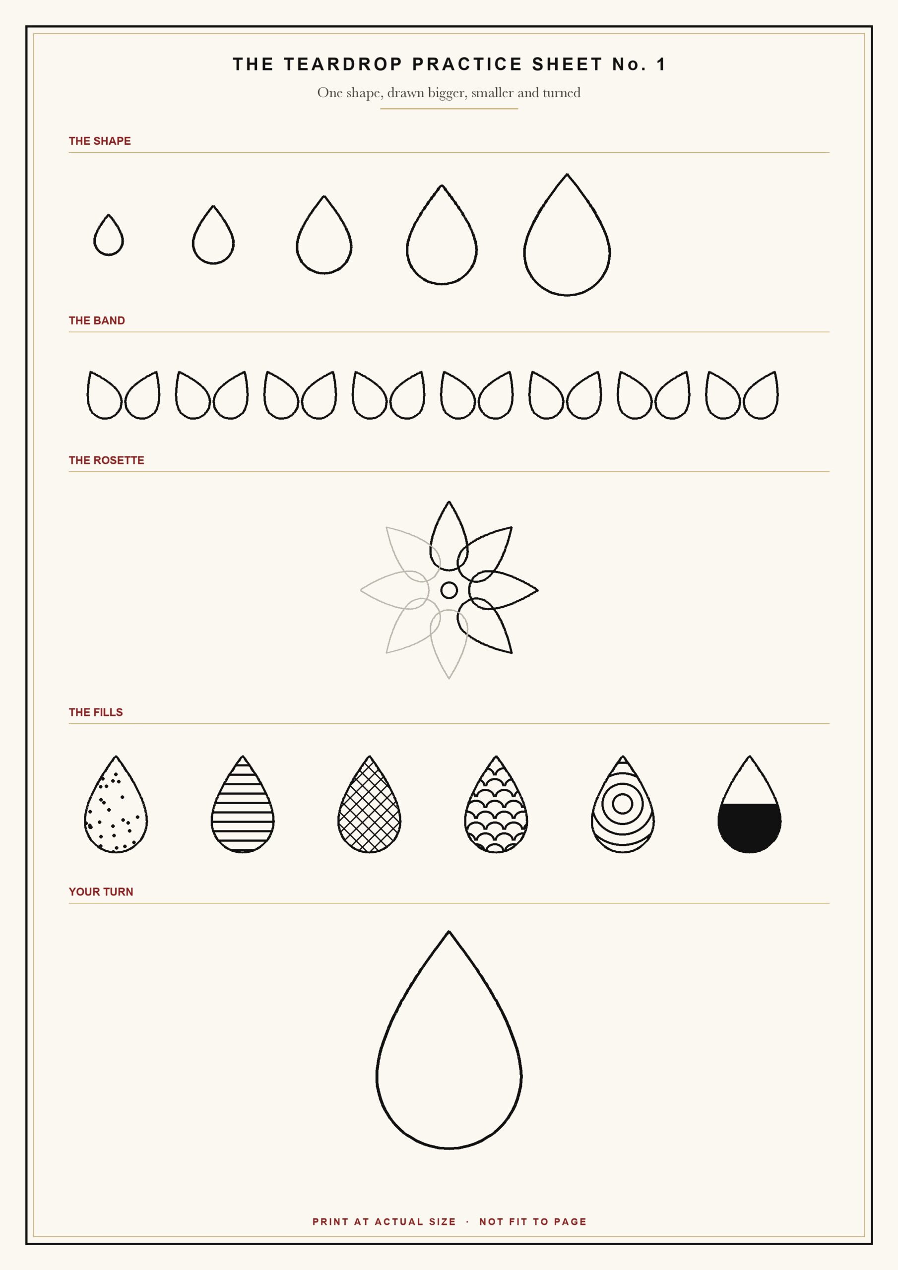 Free teardrop practice sheet for henna designs on paper, 5 bands from one shape to a rosette, 6 fills and a blank outline