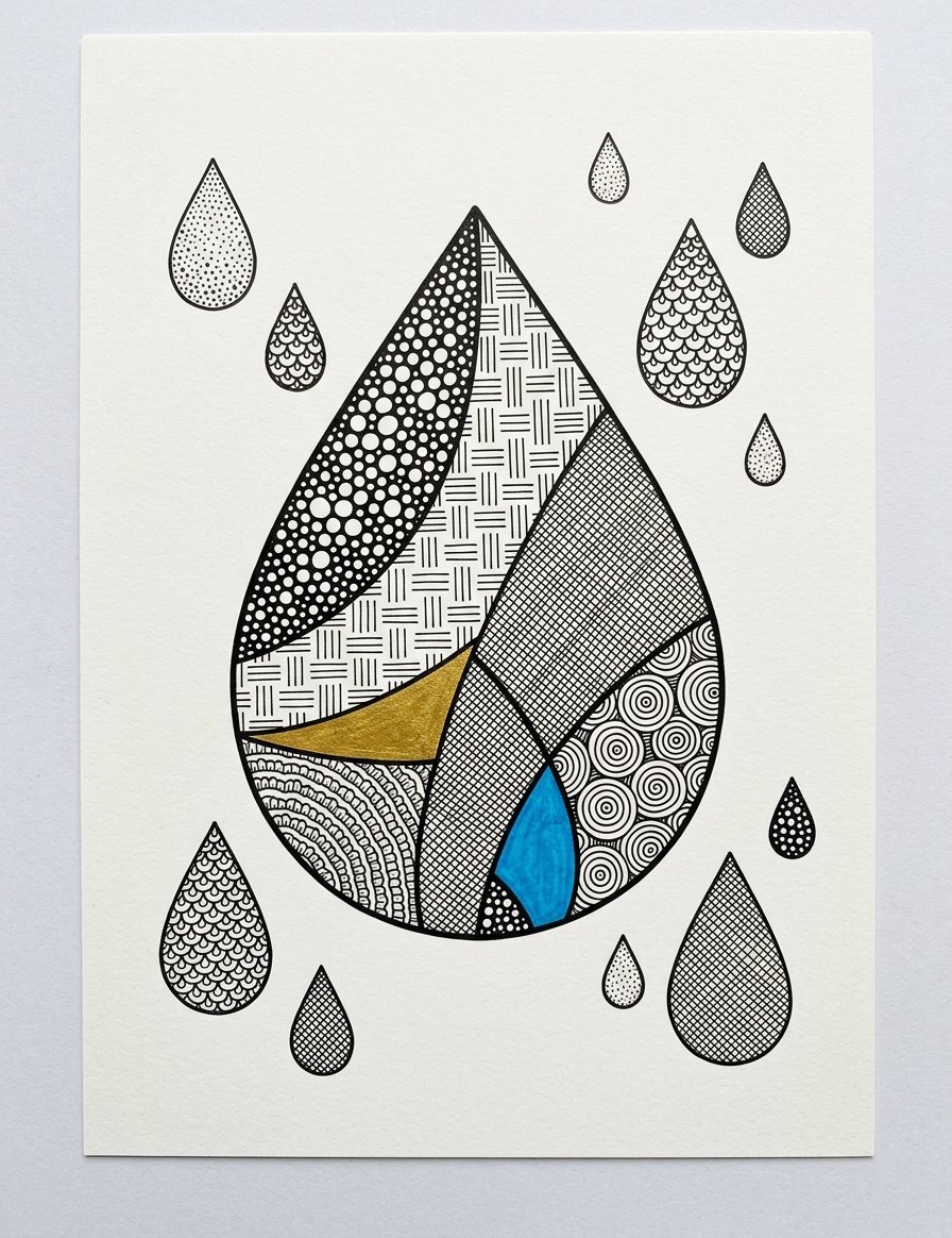 One large teardrop zoned and filled with dots, staggered lines, cross-hatch, scallops and rings