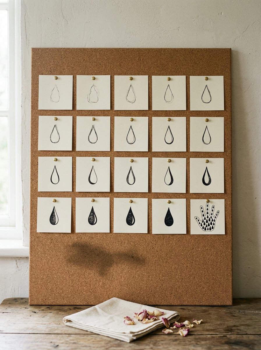 Henna designs on paper pinned in a grid, the teardrops steadying row by row and ending on a filled hand outline