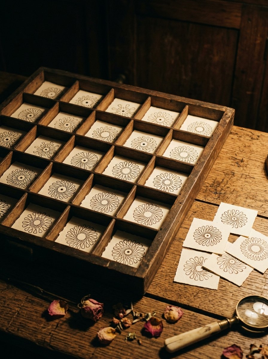 A printer's specimen drawer of small ink rosettes, each one the same teardrop turned around a centre dot