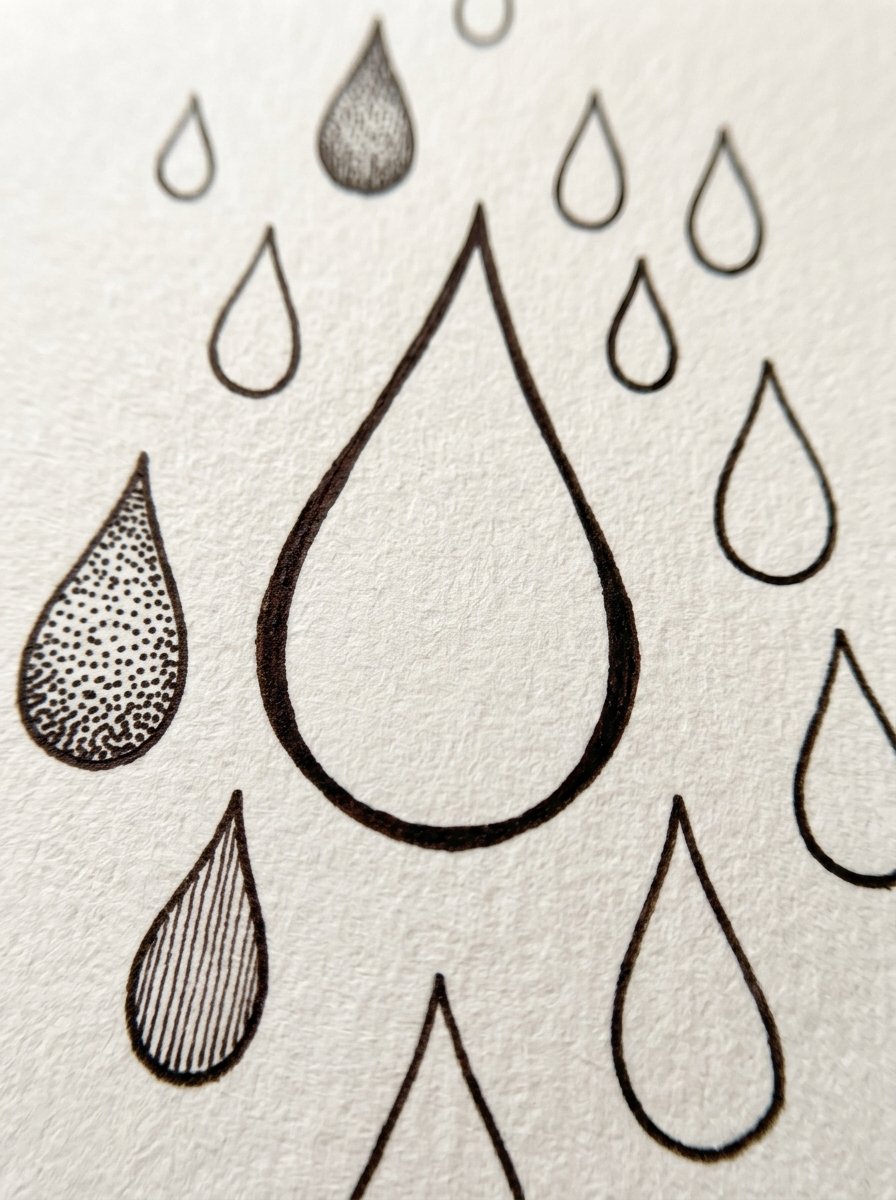 Macro of one teardrop in ink, its round base and the sharp point where two curved flanks meet