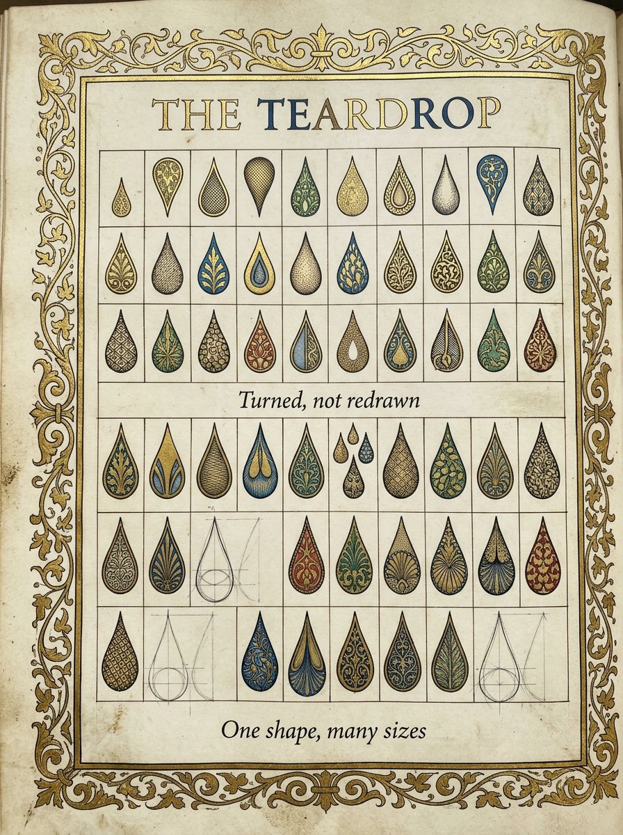 An engraved-style plate of teardrop variations, the same shape bigger, smaller, turned and nested