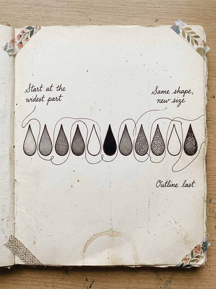 Henna designs on paper: an artist journal page of teardrops joined by one thin trailing line, with three handwritten margin notes