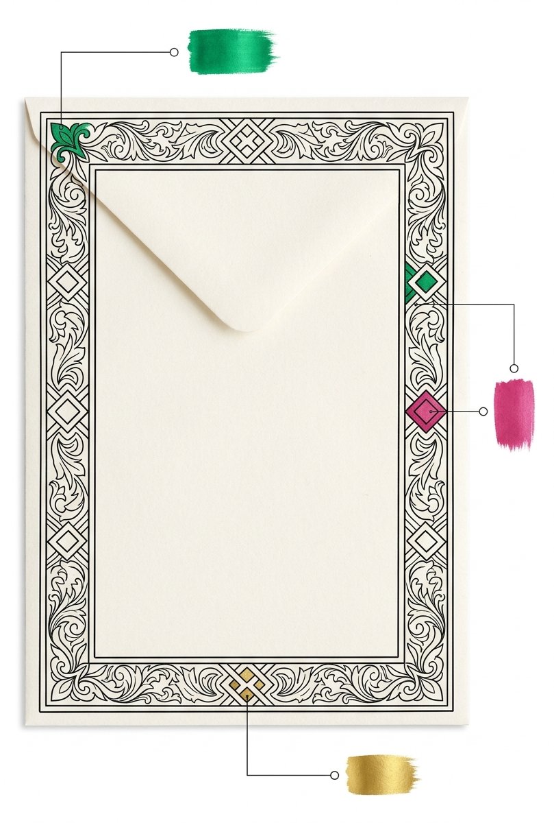 Where one accent colour goes when you decorate an envelope, marked against a drawn border in black ink