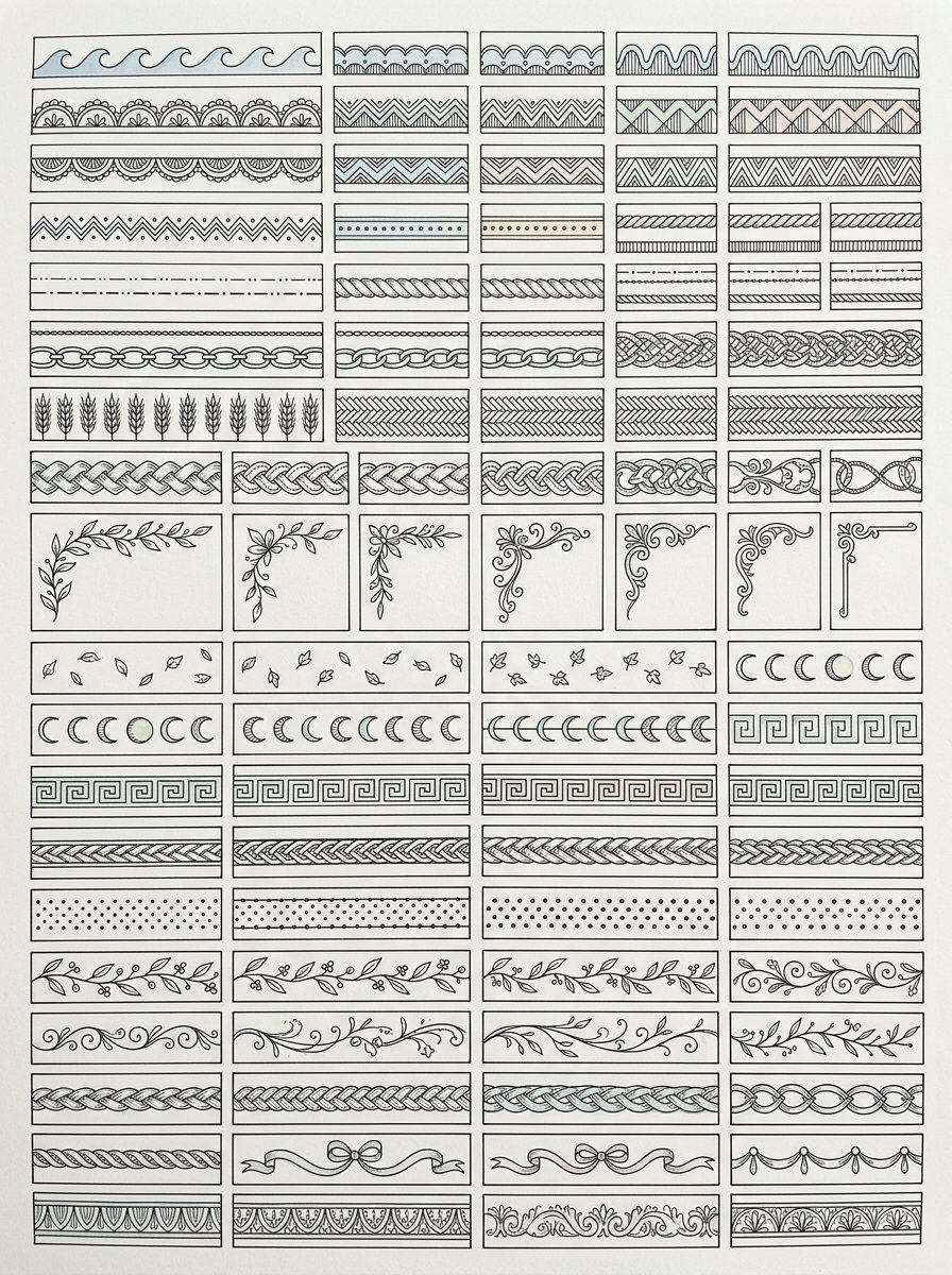 A reference page of small drawn border elements used to decorate an envelope, arranged in rows
