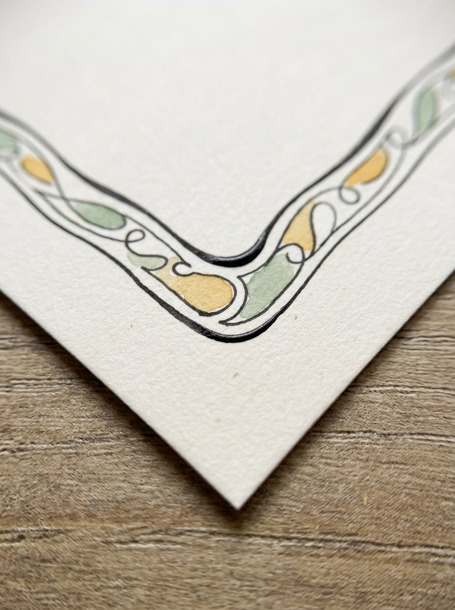 Close-up of a drawn corner border on an envelope, the two lines meeting and turning at the edge