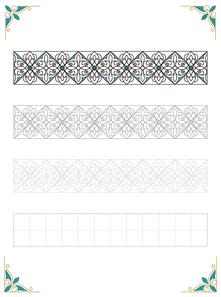 One envelope border repeated four times, each pass keeping less of the line, as practice to decorate an envelope