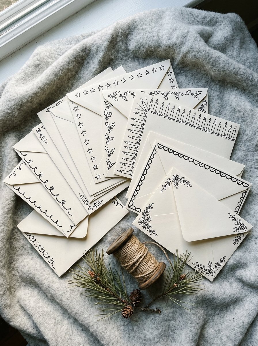 A stack of finished envelopes, each with a different drawn border, seen from above