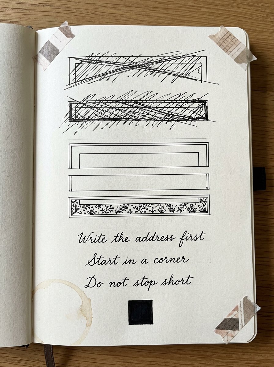 An open sketchbook of attempts to decorate an envelope, borders tried at different widths with notes in the margin