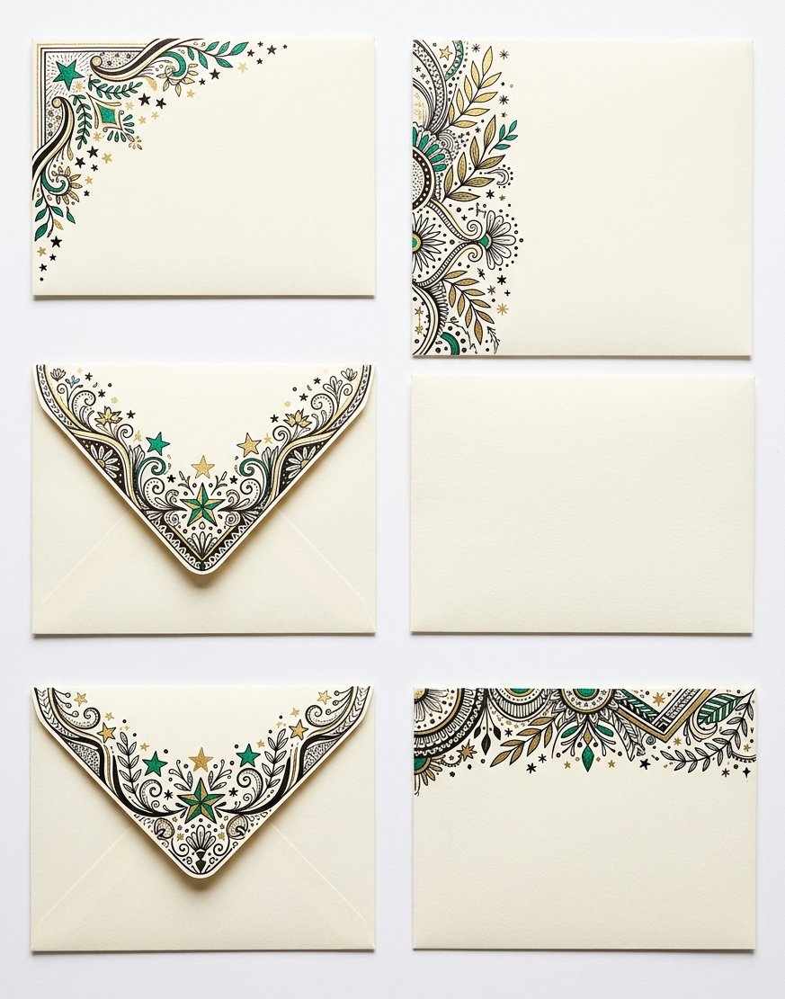 Ways to decorate an envelope: the same border placed at the corner, down the left edge, around the flap and across the top