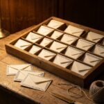 A drawer of small cream envelopes, each carrying a different drawn ink border