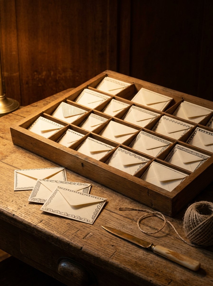 A drawer of small cream envelopes, each carrying a different drawn ink border
