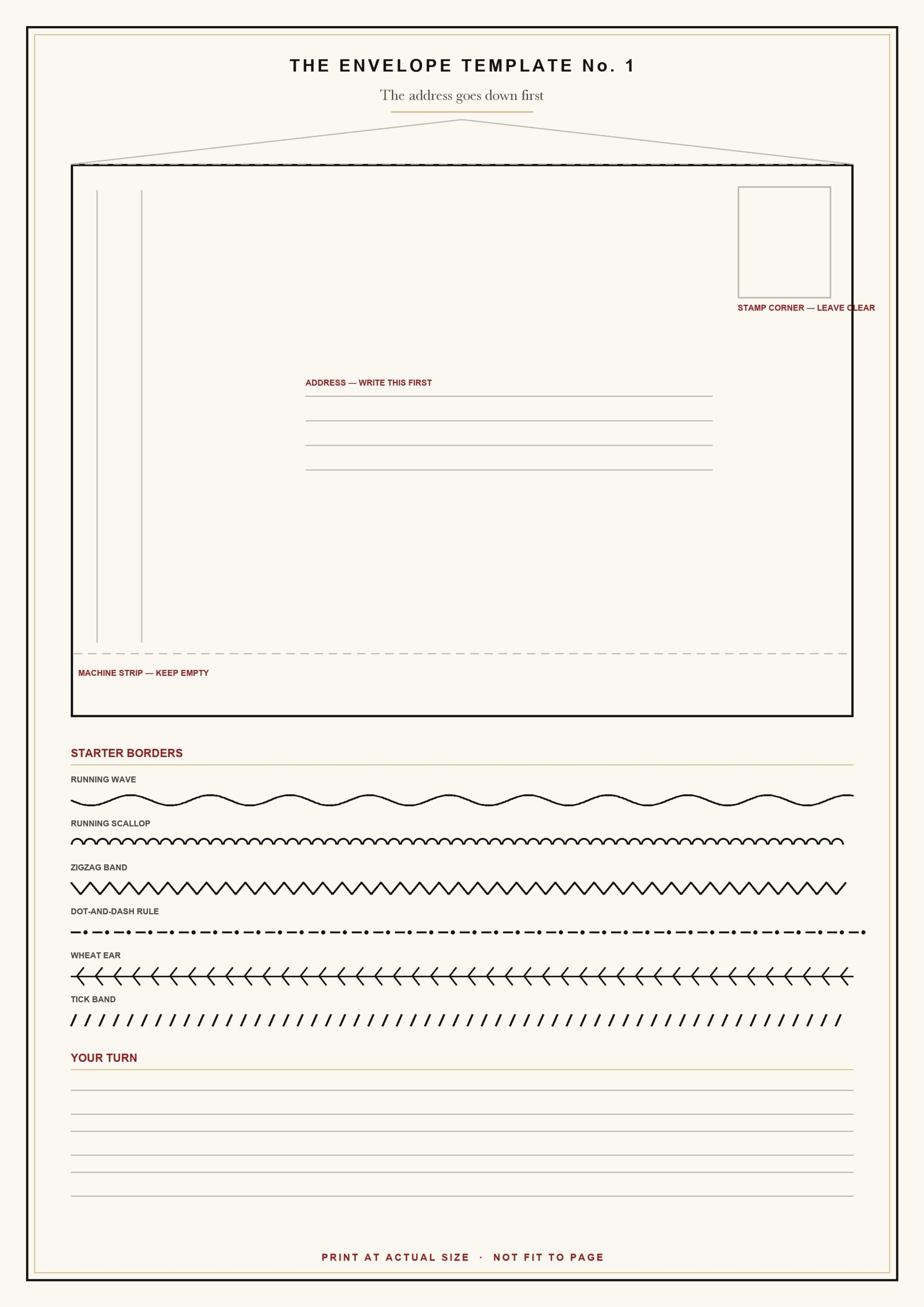 Free printable envelope template to decorate an envelope, with the address block, stamp corner and machine strip marked