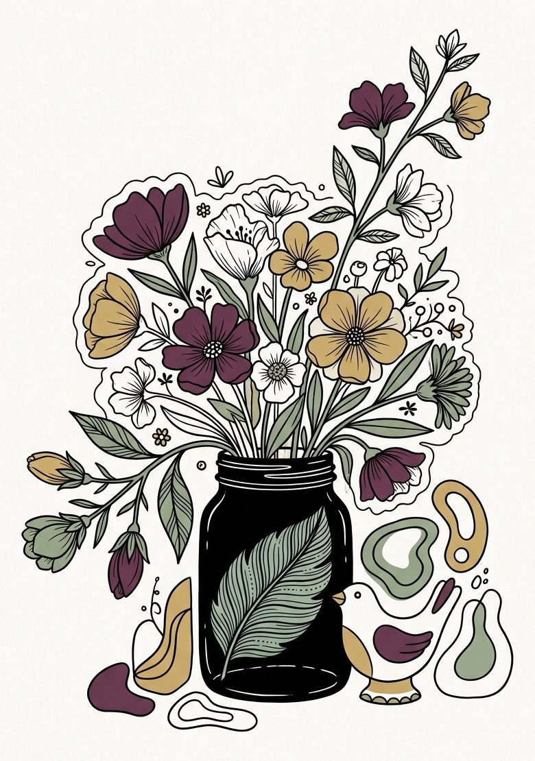 An ink still life of a jar with two stems breaking the bouquet outline and a leaf crossing in front of the glass