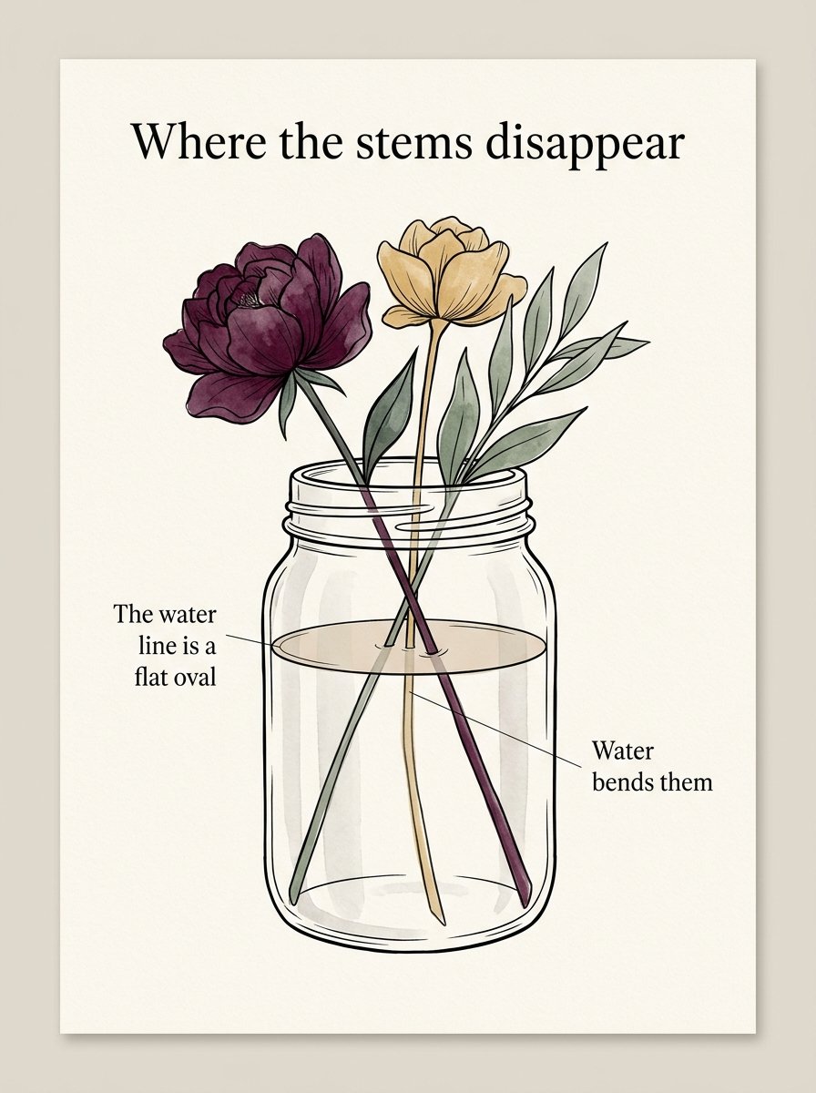 How to draw flowers in a vase made of glass, showing the flat oval water line and where the stems bend