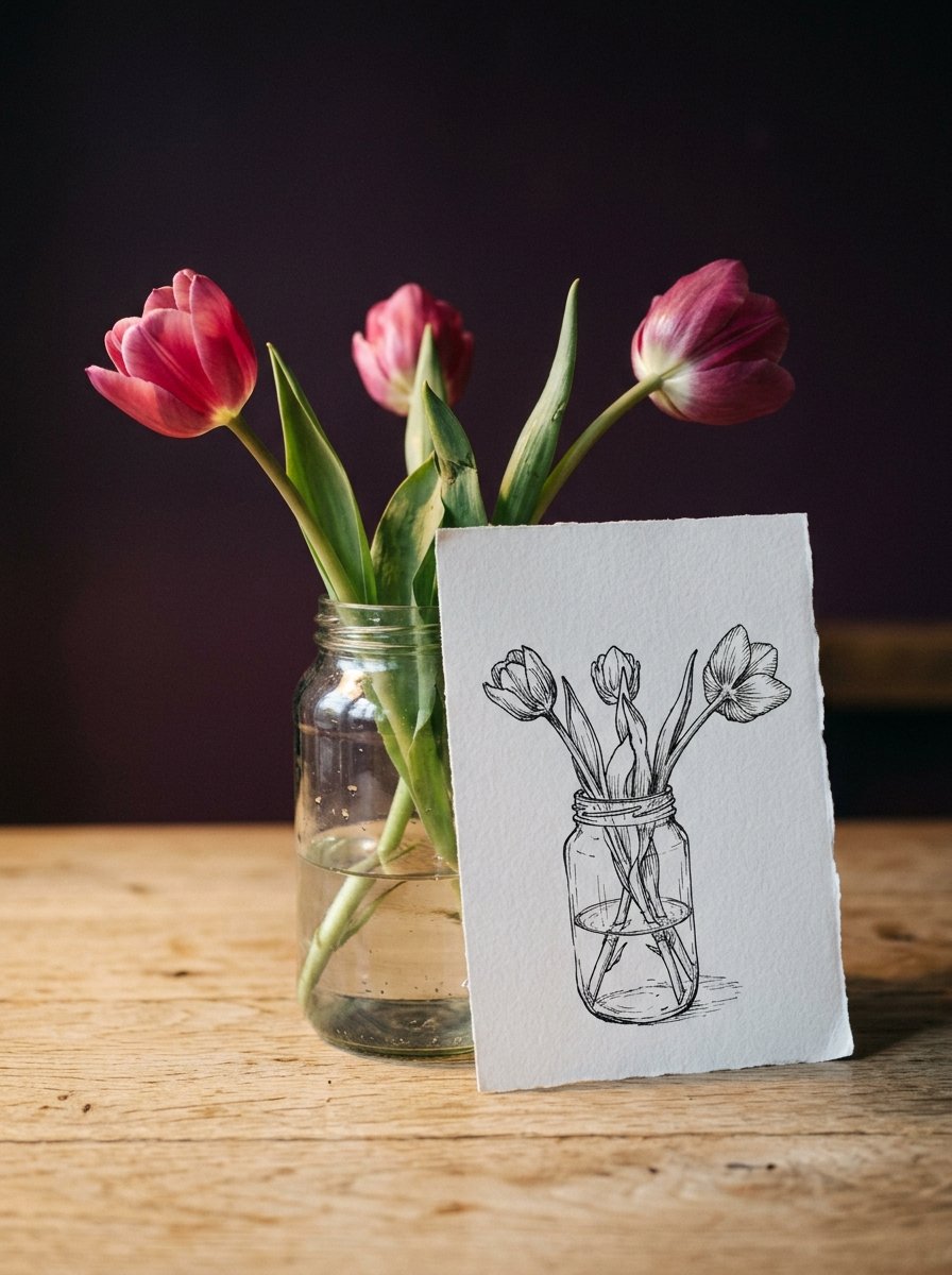 How to draw flowers in a vase: a glass jam jar of three tulips beside an ink drawing of the same bouquet with one bloom turned away