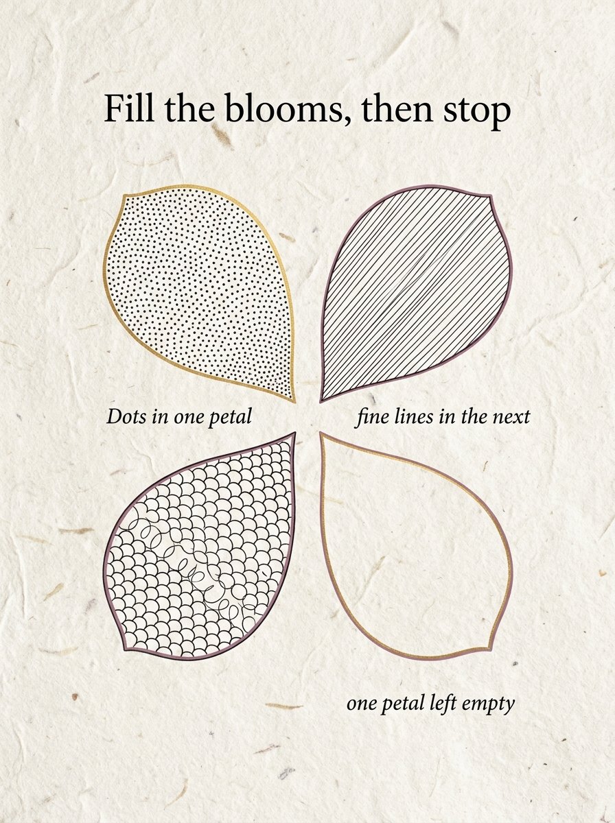 How to draw flowers in a vase: a petal fill sheet with dots in one petal, fine lines in the next and one petal left empty
