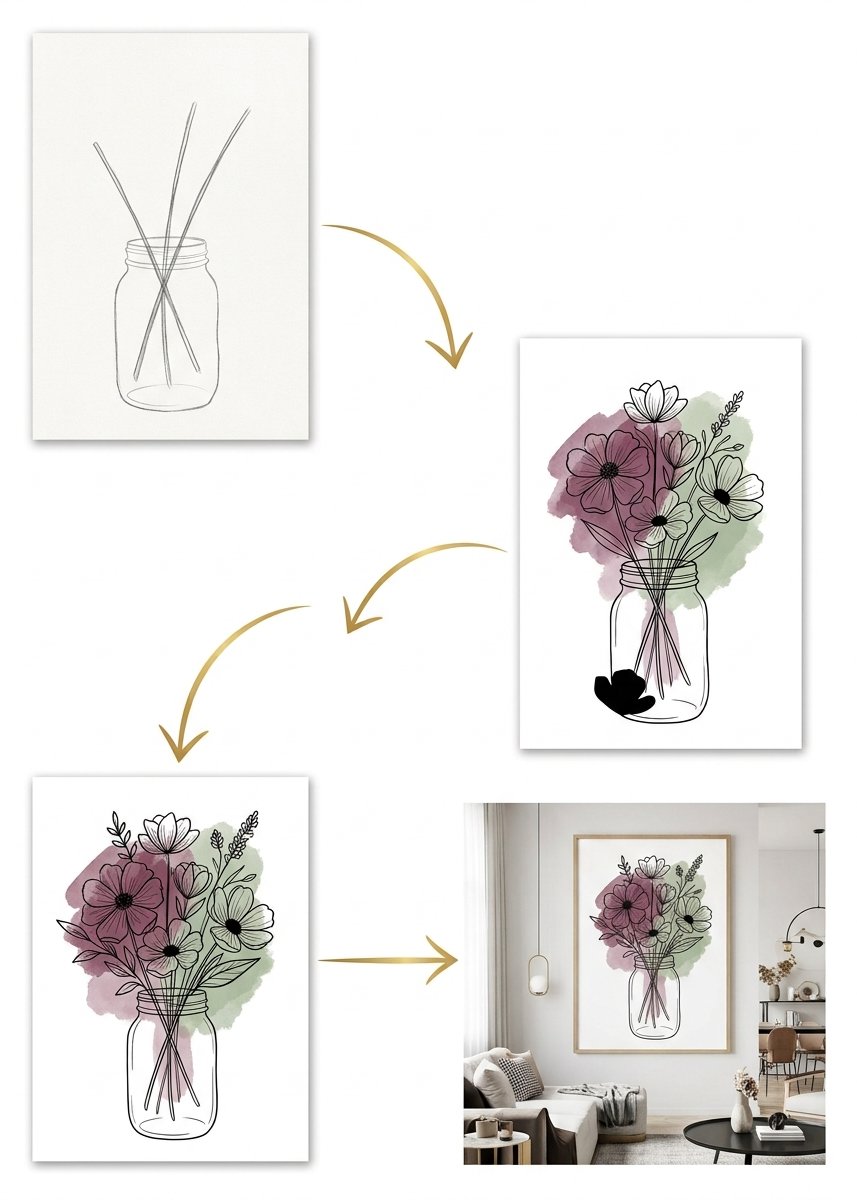 From a bare three-stem sketch to a finished bouquet artwork framed on a wall