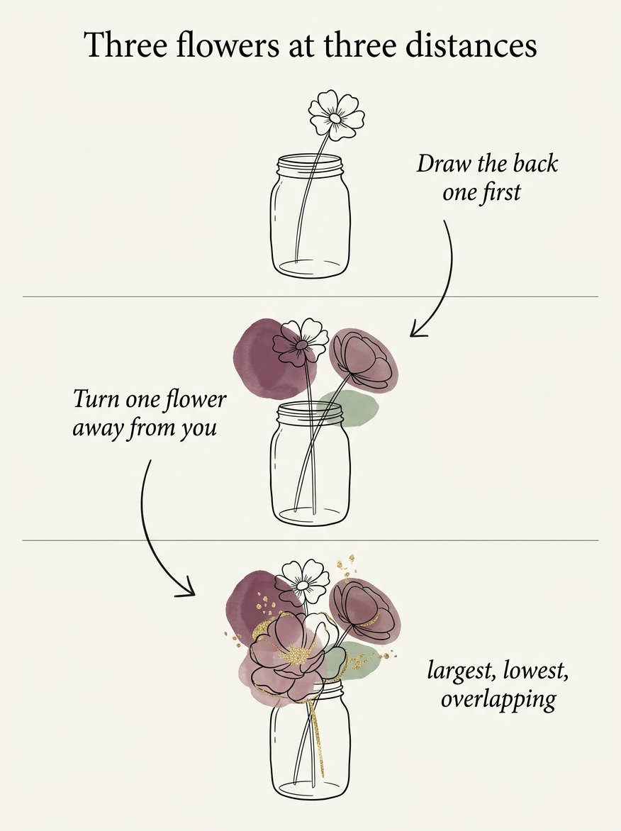 Three flowers at three distances, with the back bloom drawn first and the front bloom overlapping