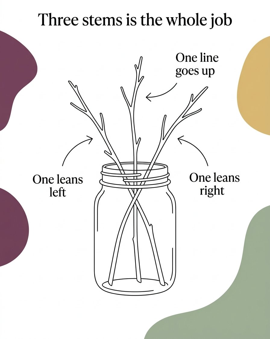 How to draw flowers in a vase: three stems that cross, deconstructed into one line up, one leaning left and one leaning right