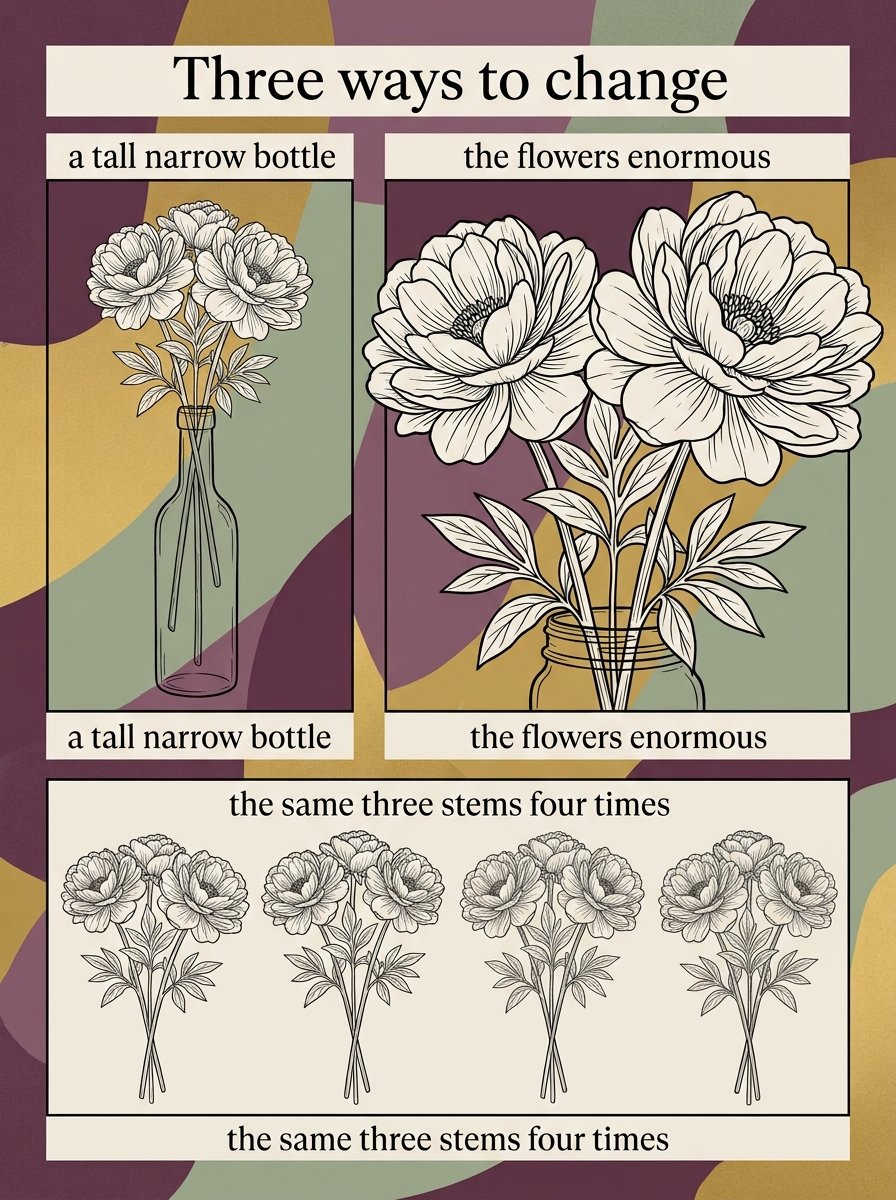 Three variants of one bouquet: a tall narrow bottle, the flowers drawn enormous, and the same stems turned four times