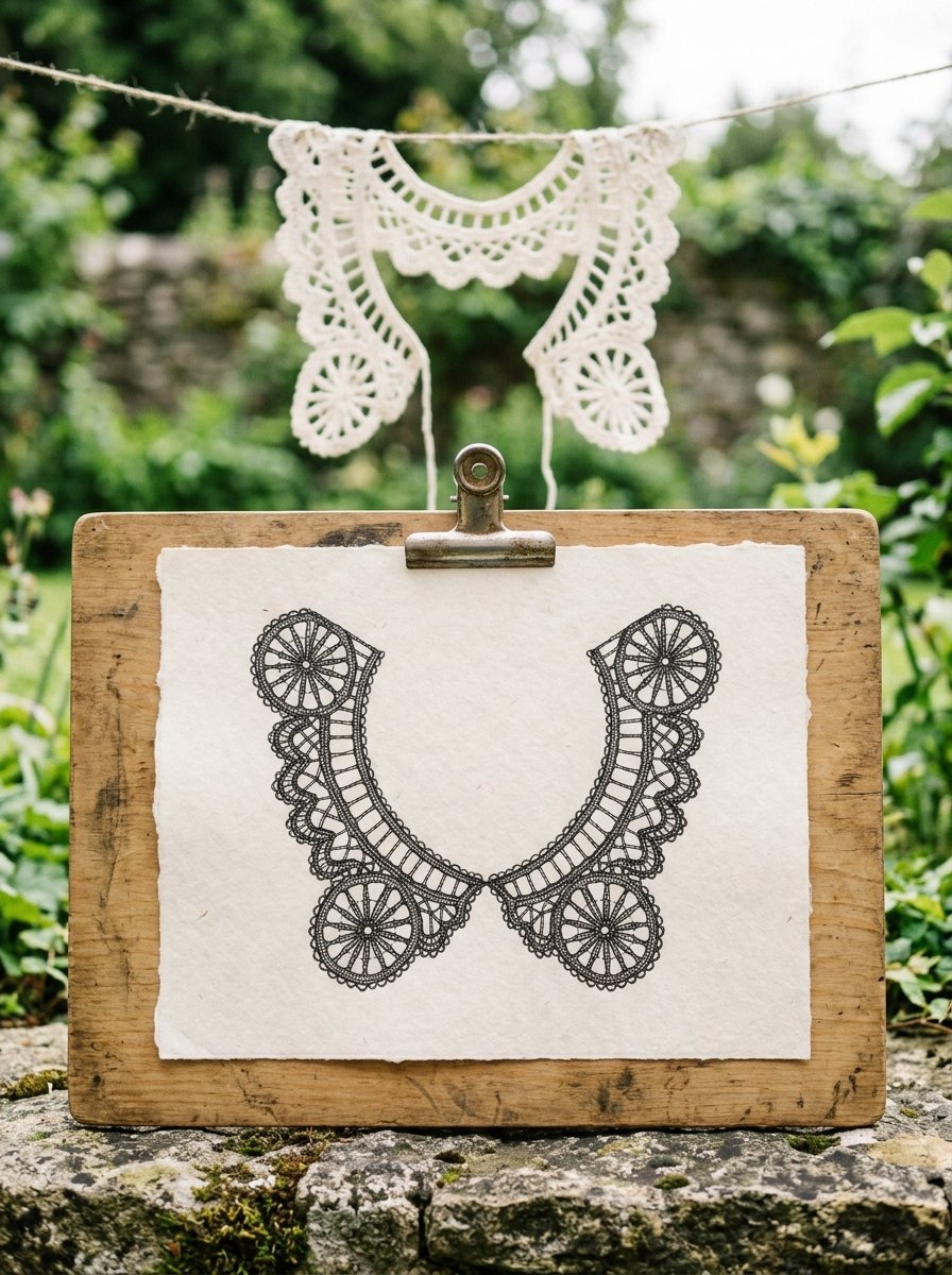 How to draw lace: a drawn collar clipped to a board with the real one hanging out of focus behind it
