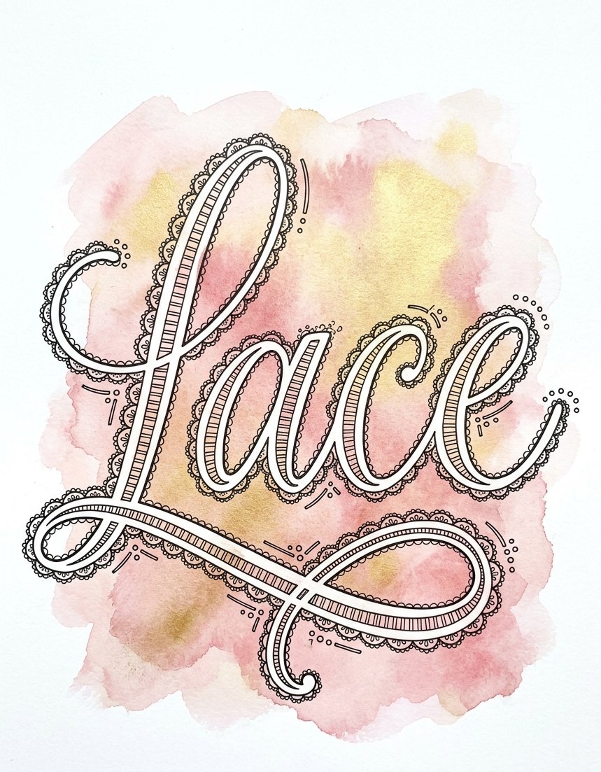 One word written in script and built entirely from scallops, picots and open bars