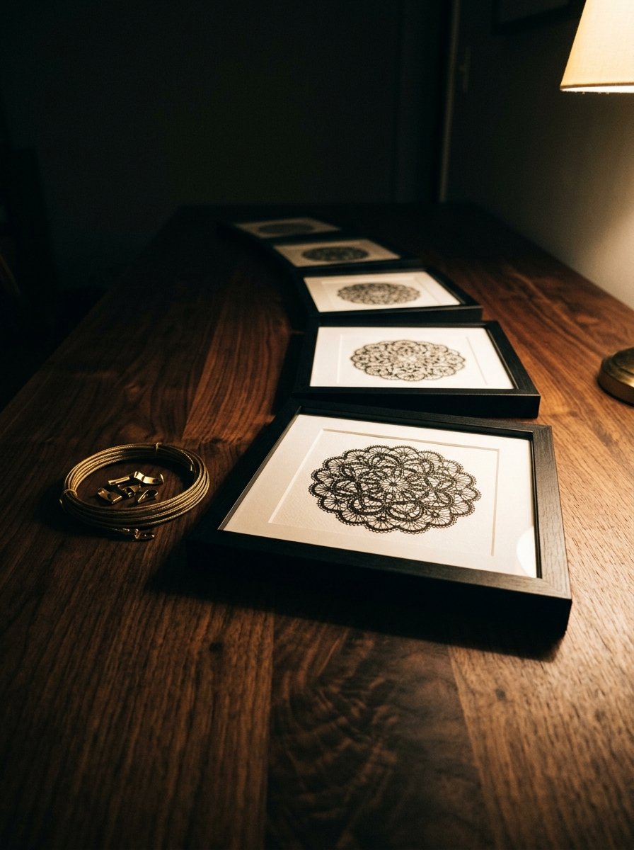 How to draw lace: a row of finished round medallions, framed and lit low across a dark table at night