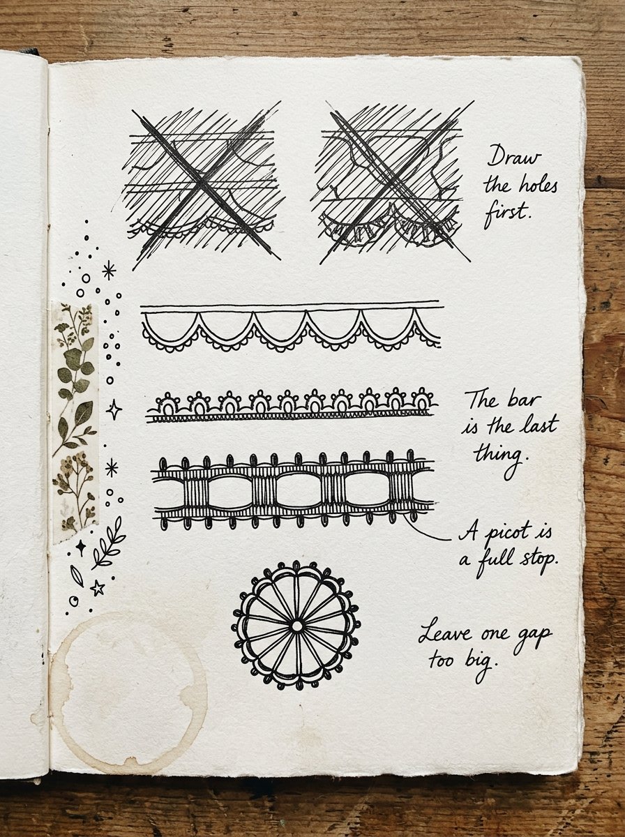 How to draw lace: an artist journal page of scallops, picots, bars and a wheel with handwritten margin notes