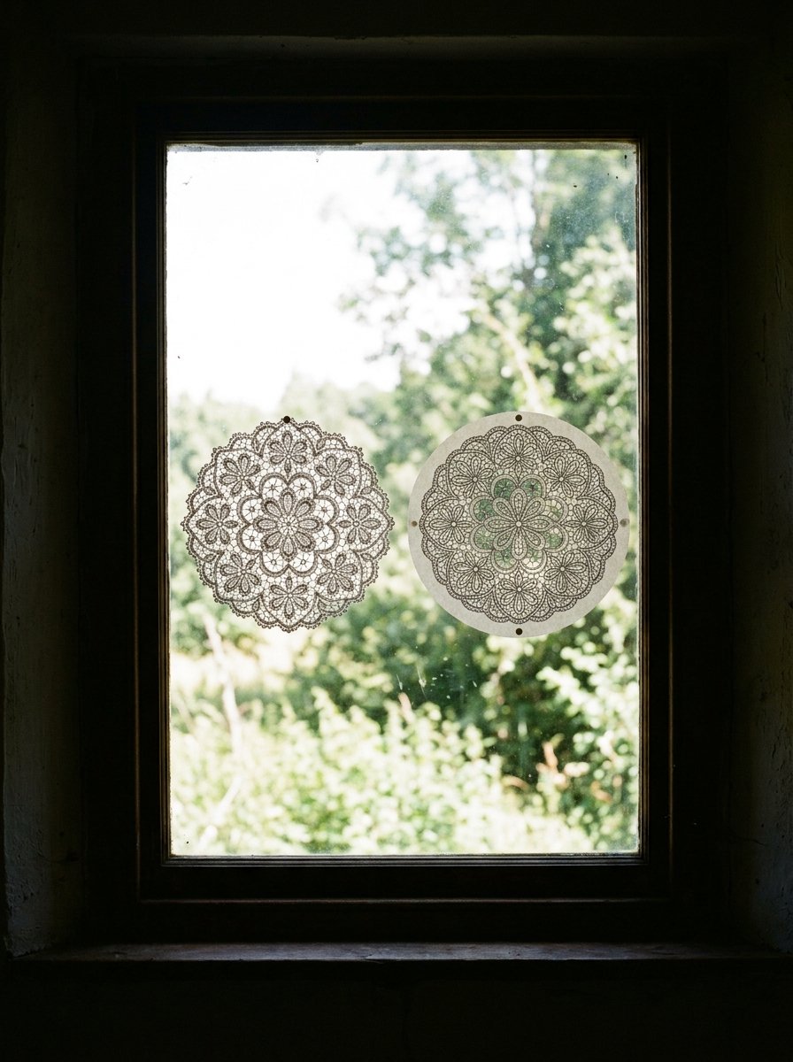How to draw lace: a real doily and a drawn one pinned to a windowpane, daylight coming through the holes of both