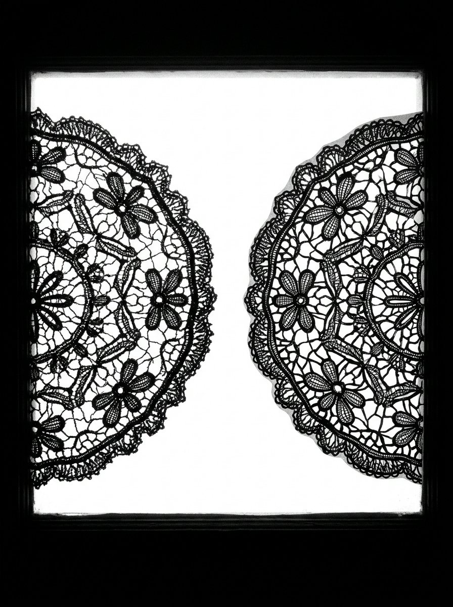 How to draw lace: a real doily and a drawn one against a blazing window, light burning through the holes of both