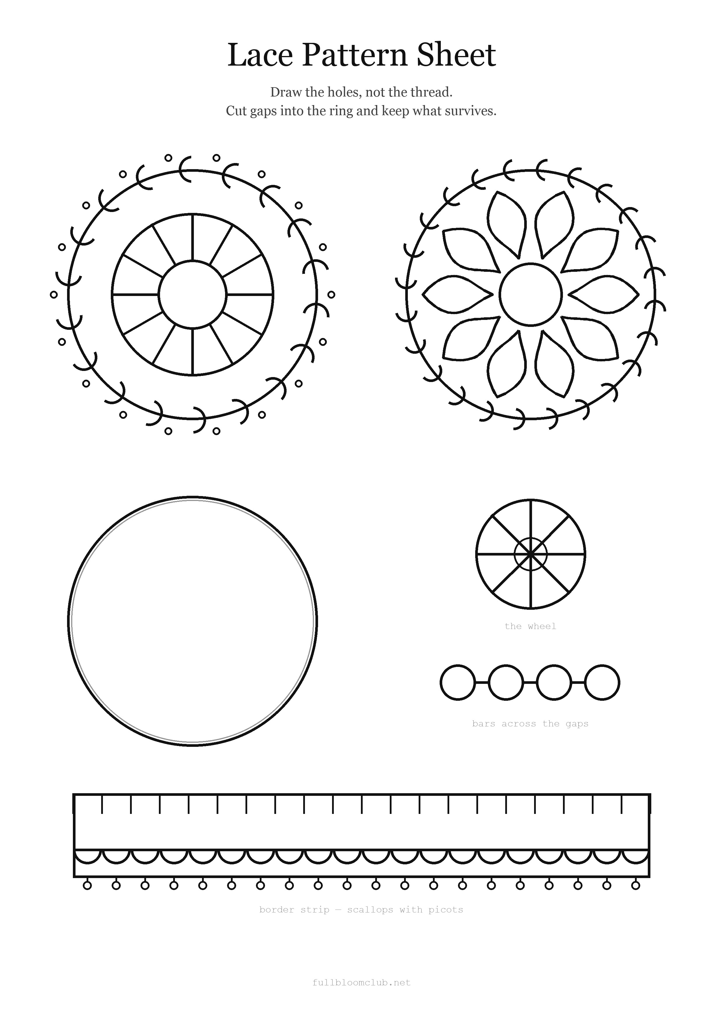 How to draw lace: free lace pattern sheet with three doily rings, a wheel, bars and a scallop border strip to fill