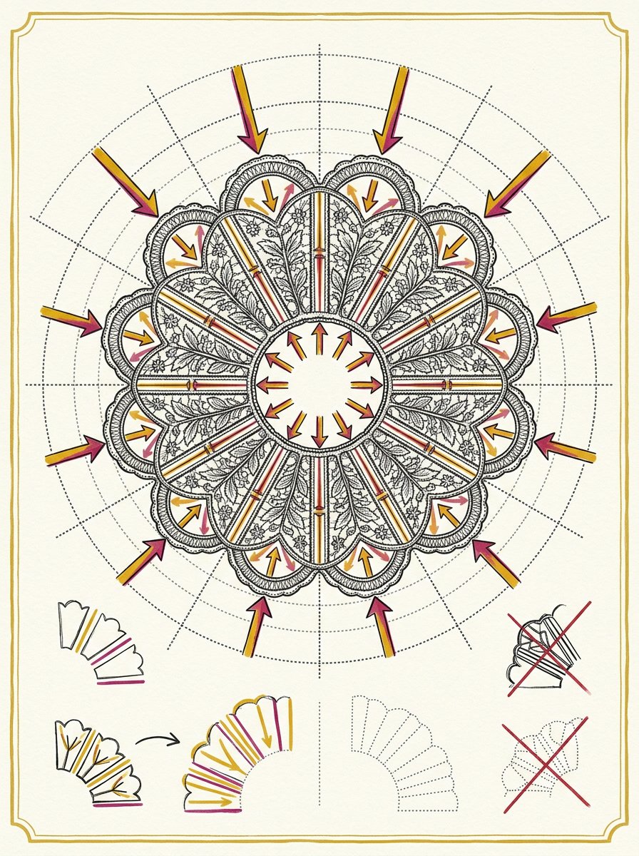 Dotted guidelines and arrows showing where the gaps go around a round medallion