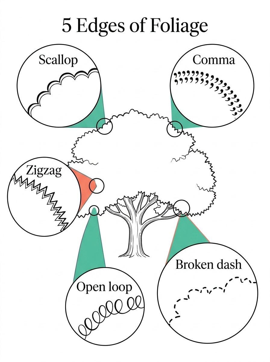 How to draw trees: 5 magnified foliage edges, from scallop to broken dash, around one open canopy