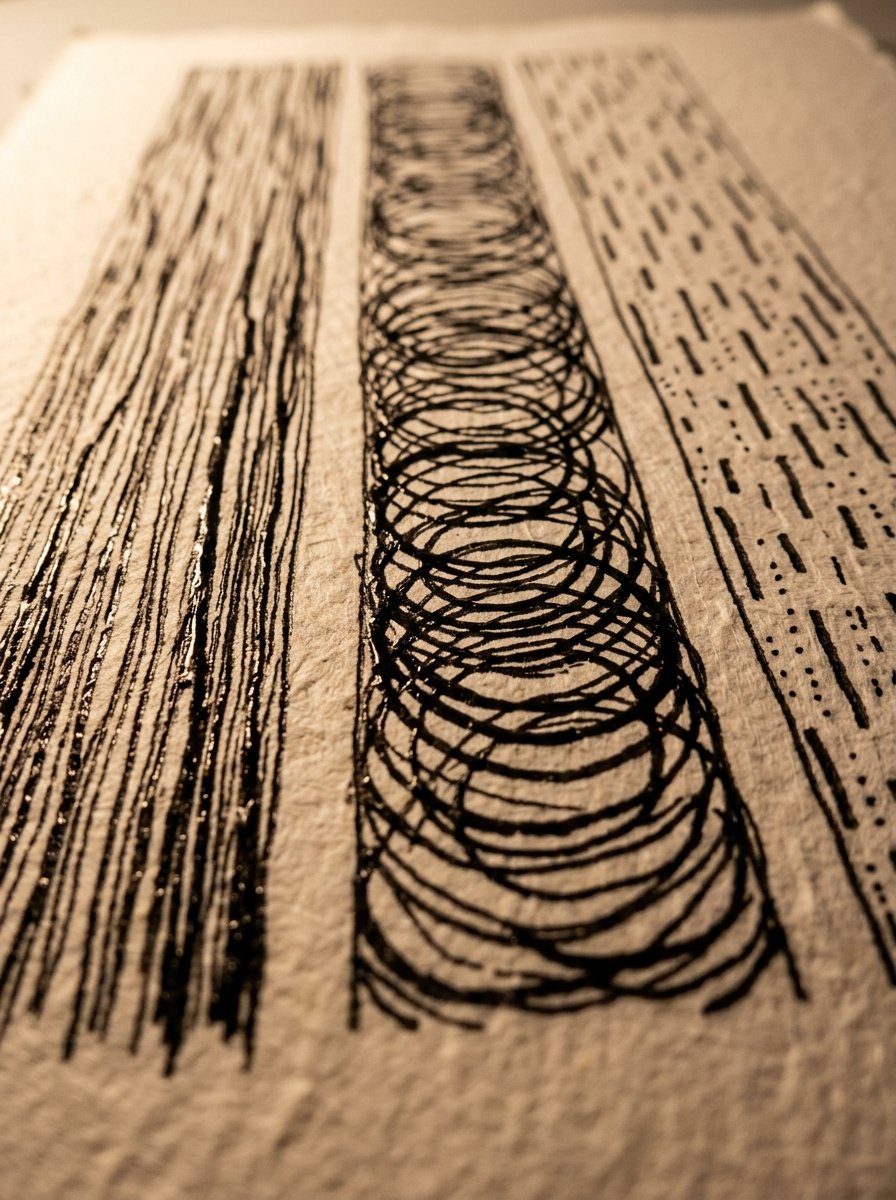 Bark marks in raking light: strokes running down a trunk, then looping around it, then broken into dashes
