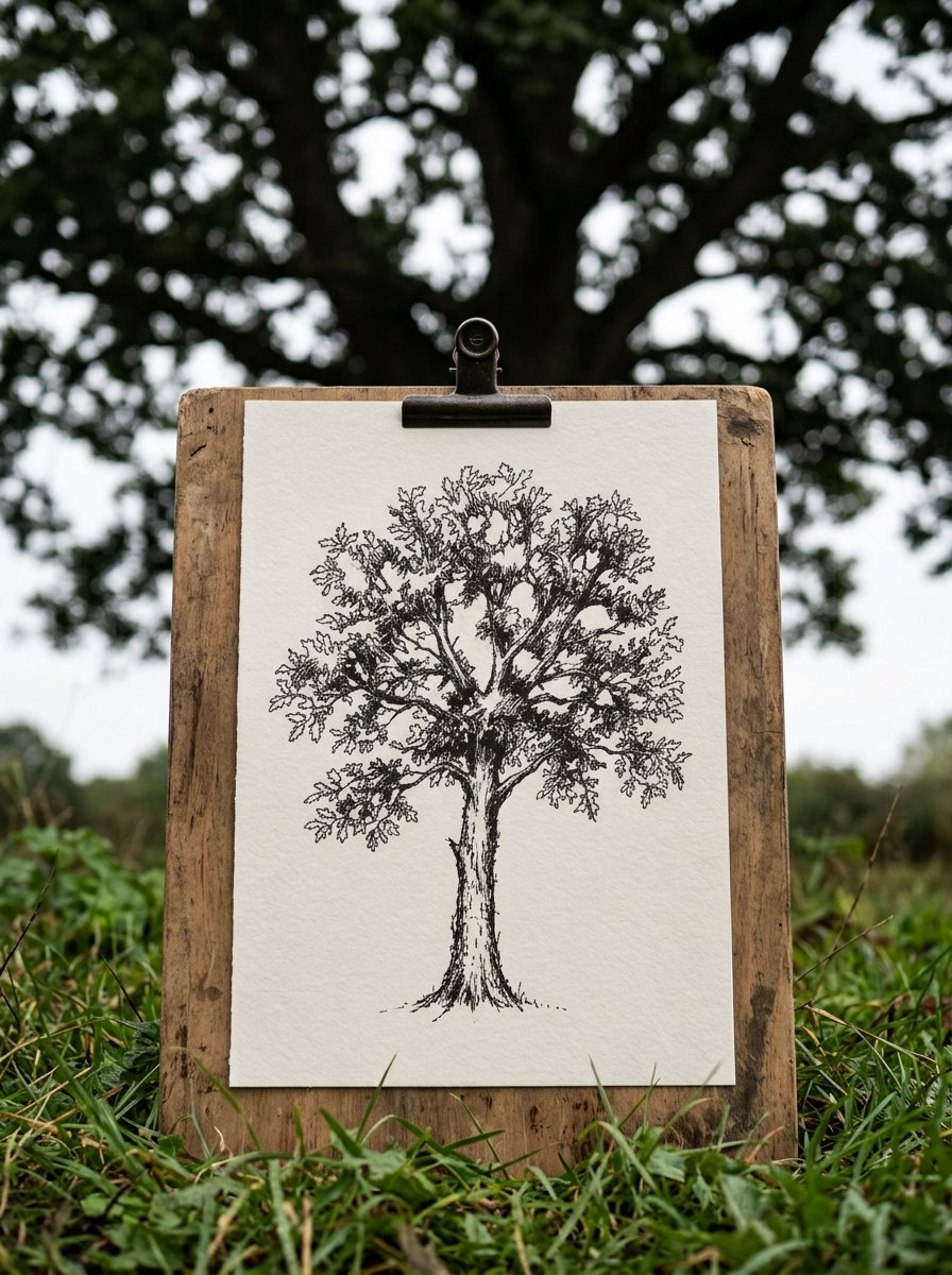 How to draw trees: a pen and ink oak study clipped to a board, the real oak out of focus behind it