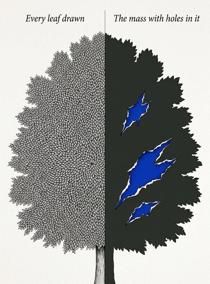 How to draw trees: one canopy drawn leaf by leaf beside the same canopy as a mass with holes in it