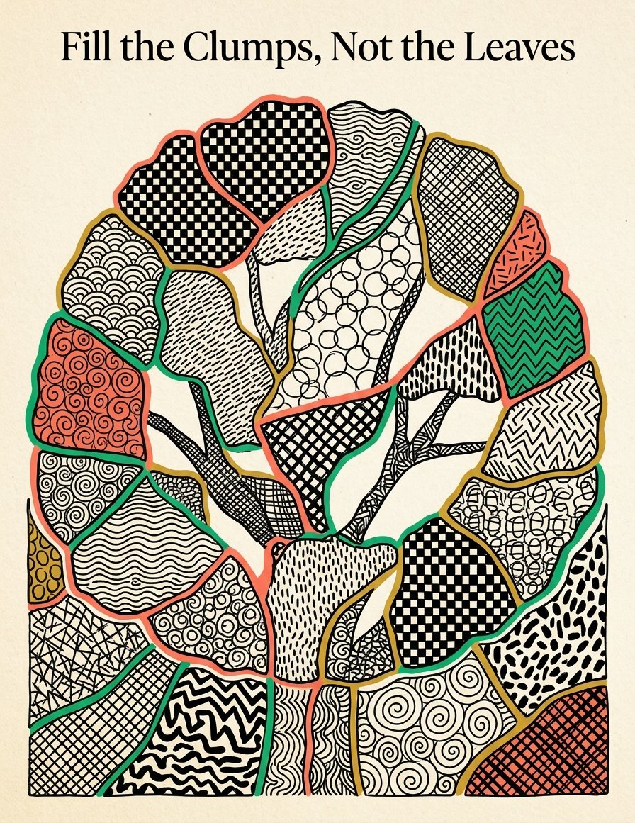 One tree canopy broken into clumps, each clump filled with a different black ink pattern