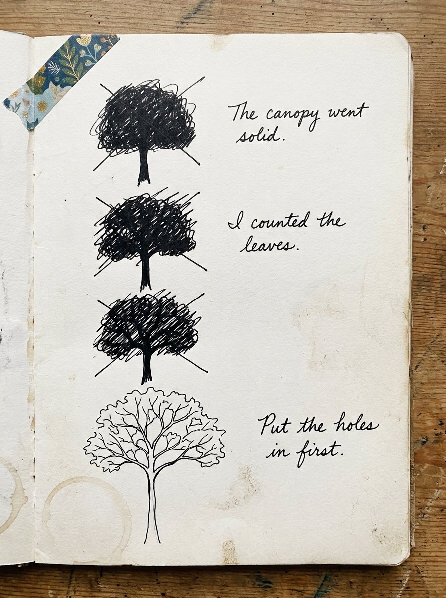 An artist journal page of crossed-out canopies that went solid, and one clean tree drawn gaps first