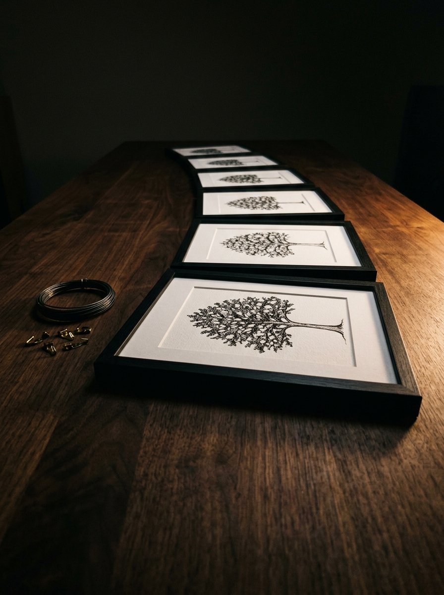 A curved row of framed pen and ink tree studies lying on a dark table in low lamplight