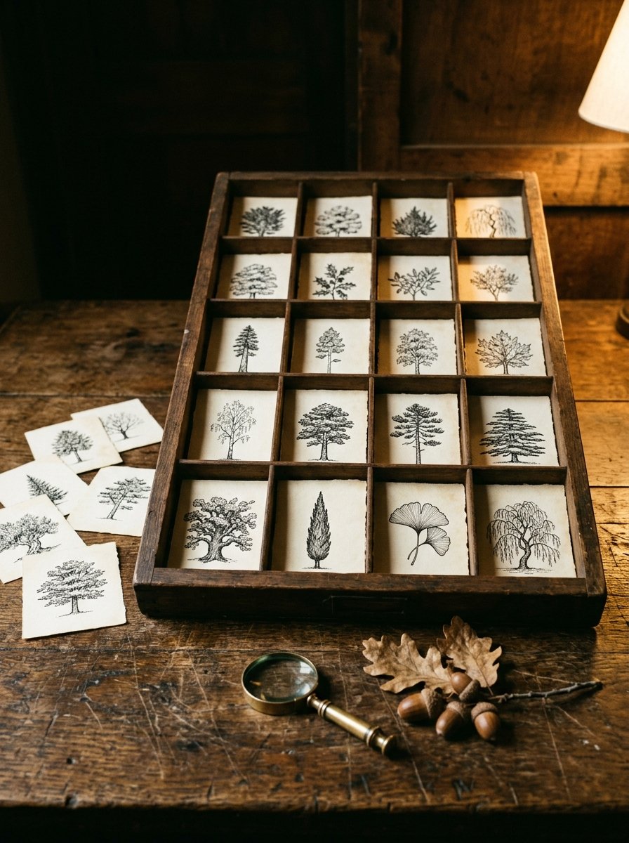 How to draw trees: a printer’s drawer of 21 small ink tree studies, a different species in every compartment