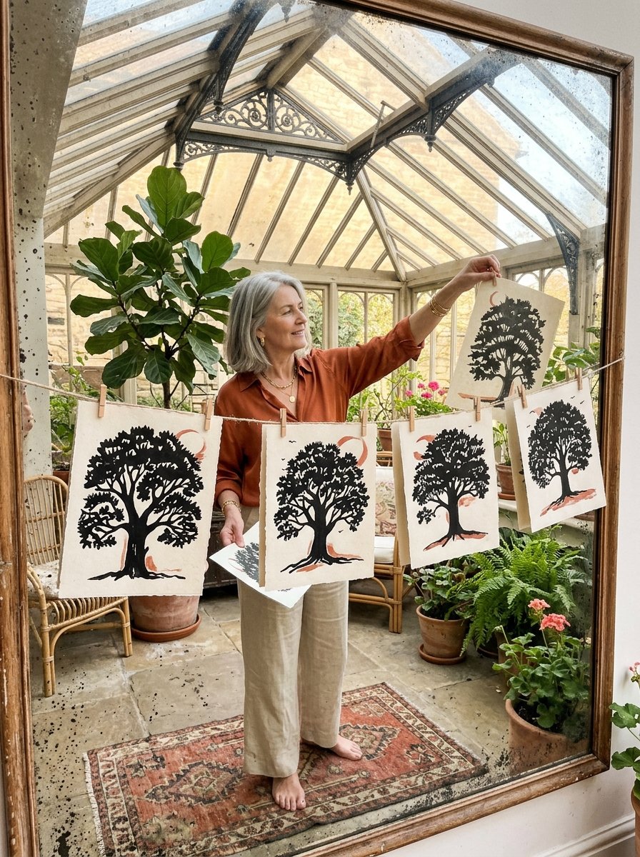 How to draw trees: finished ink tree drawings pegged along a line in a plant-filled conservatory