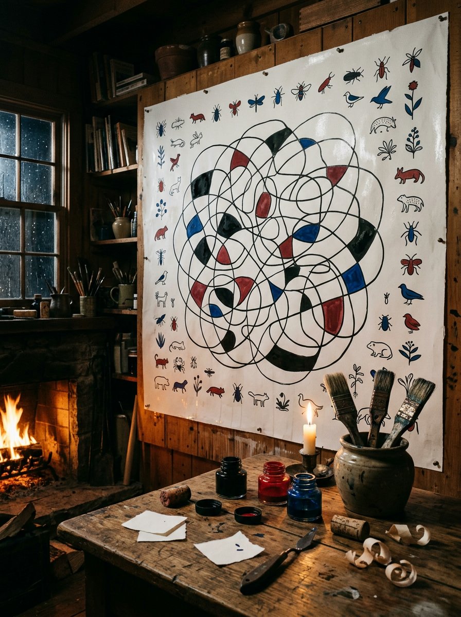 A painted panel of found scribble creatures drying on a studio wall by firelight