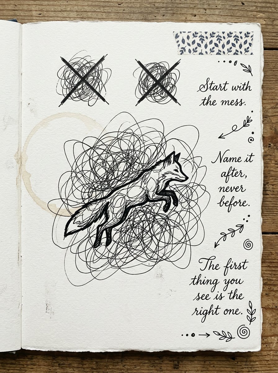 Intuitive drawing journal page with a fox outlined over a tangled scribble and margin notes