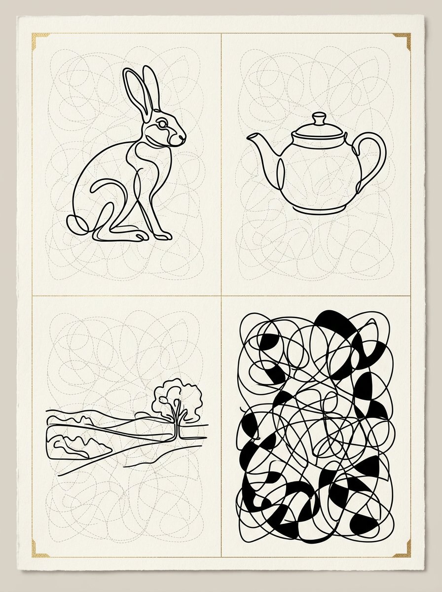 One tangle answered four ways in intuitive drawing: a hare, a teapot, a hill and filled cells
