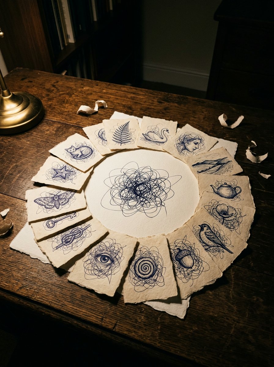 One scribble surrounded by 16 torn paper squares, each holding a drawing found inside a tangle