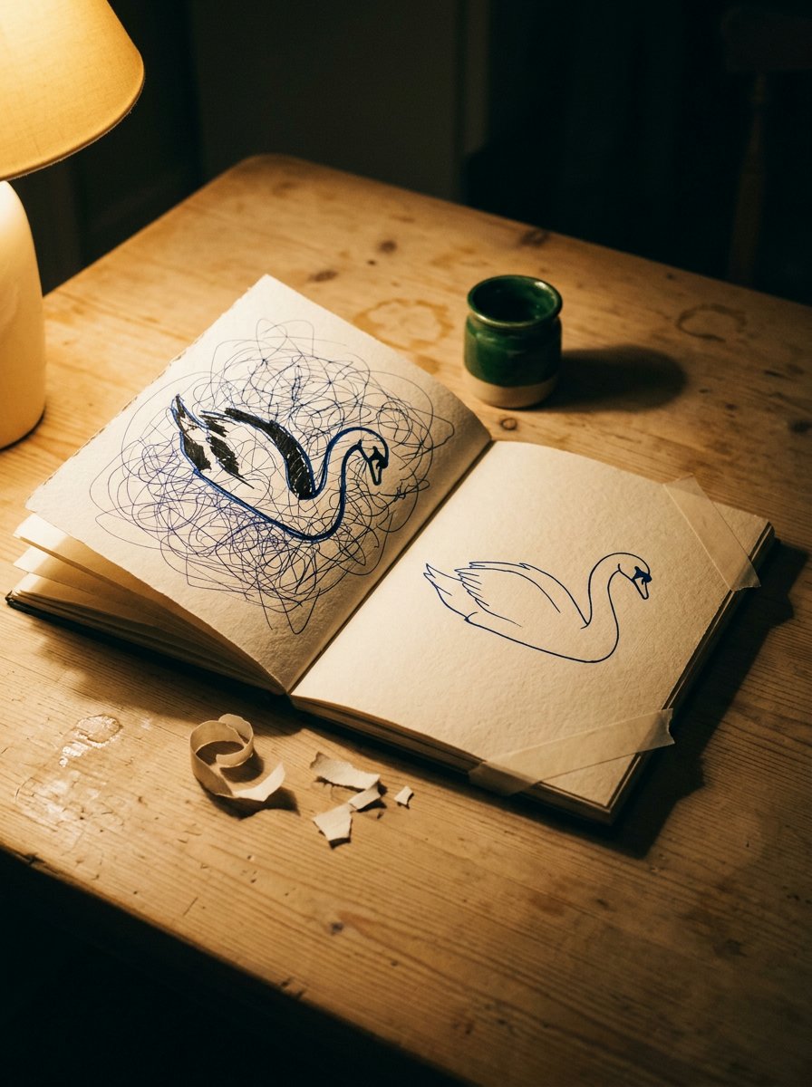 An open journal spread showing a swan found in a scribble, then drawn again cleanly
