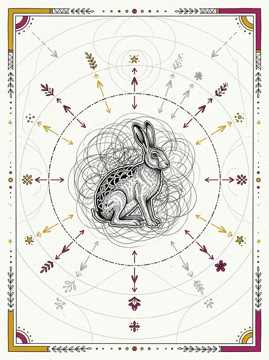 Intuitive drawing spacing guide: a hare found in a scribble, with guidelines for placing accents