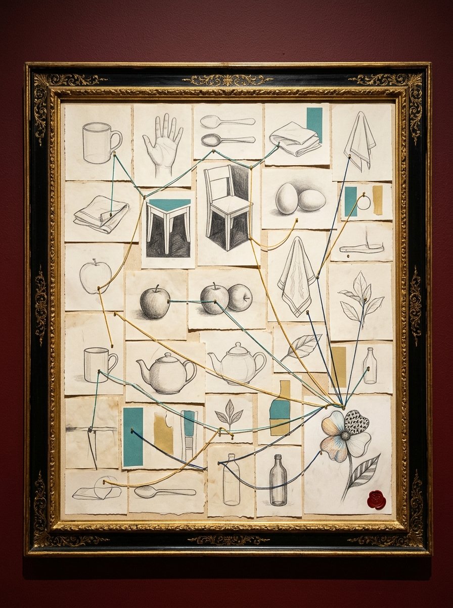 A 31-day plan to learn to draw as an adult, shown as small studies joined by threads