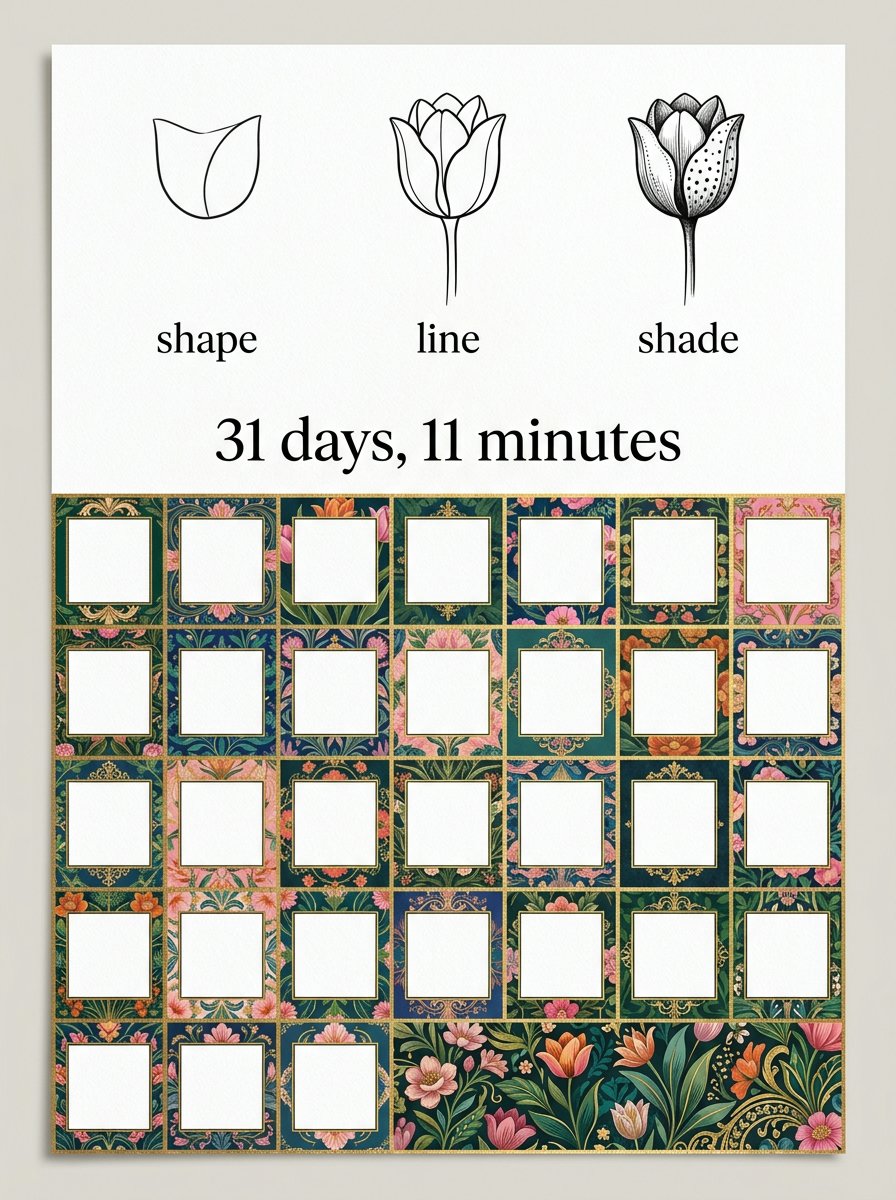 Printable tracker to learn to draw as an adult: a tulip in 3 steps above a grid of empty day boxes